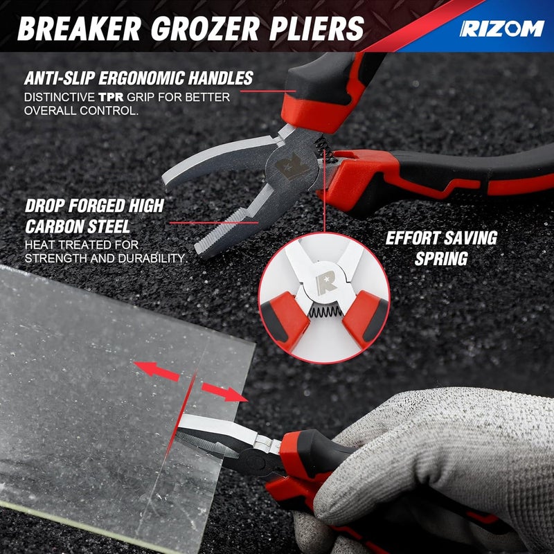 Rizom Glass Cutting Tool, Glass Cutter 2-20MM, 8" Tile Nippers, 8" Glass Running Pliers with Curved Jaws, 6" Breaker Grozer Pliers, Glass Cutter Kit for Stained Glass, Tiles, Mosaic Cutting - Image 4